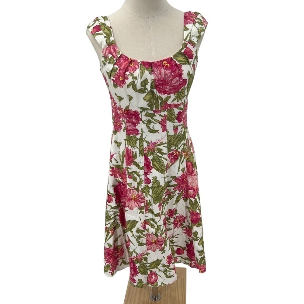 Suite 7 Floral Pink Green White Pleated Sleeveless Dress Size 4 Women's